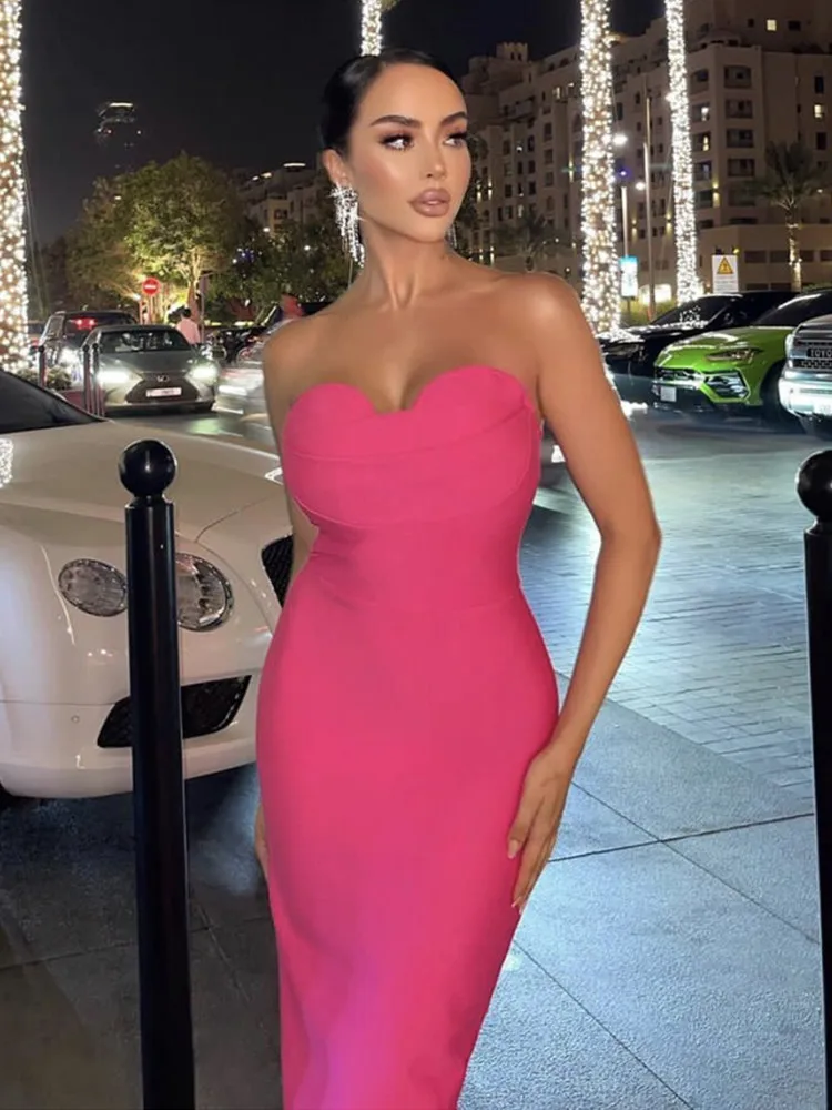 

Women Summer Hot Pink Tube Bodycon Bandage Dress Elegant Strapless Midi Celebrity Evening Club Party Wedding Guest Dresses