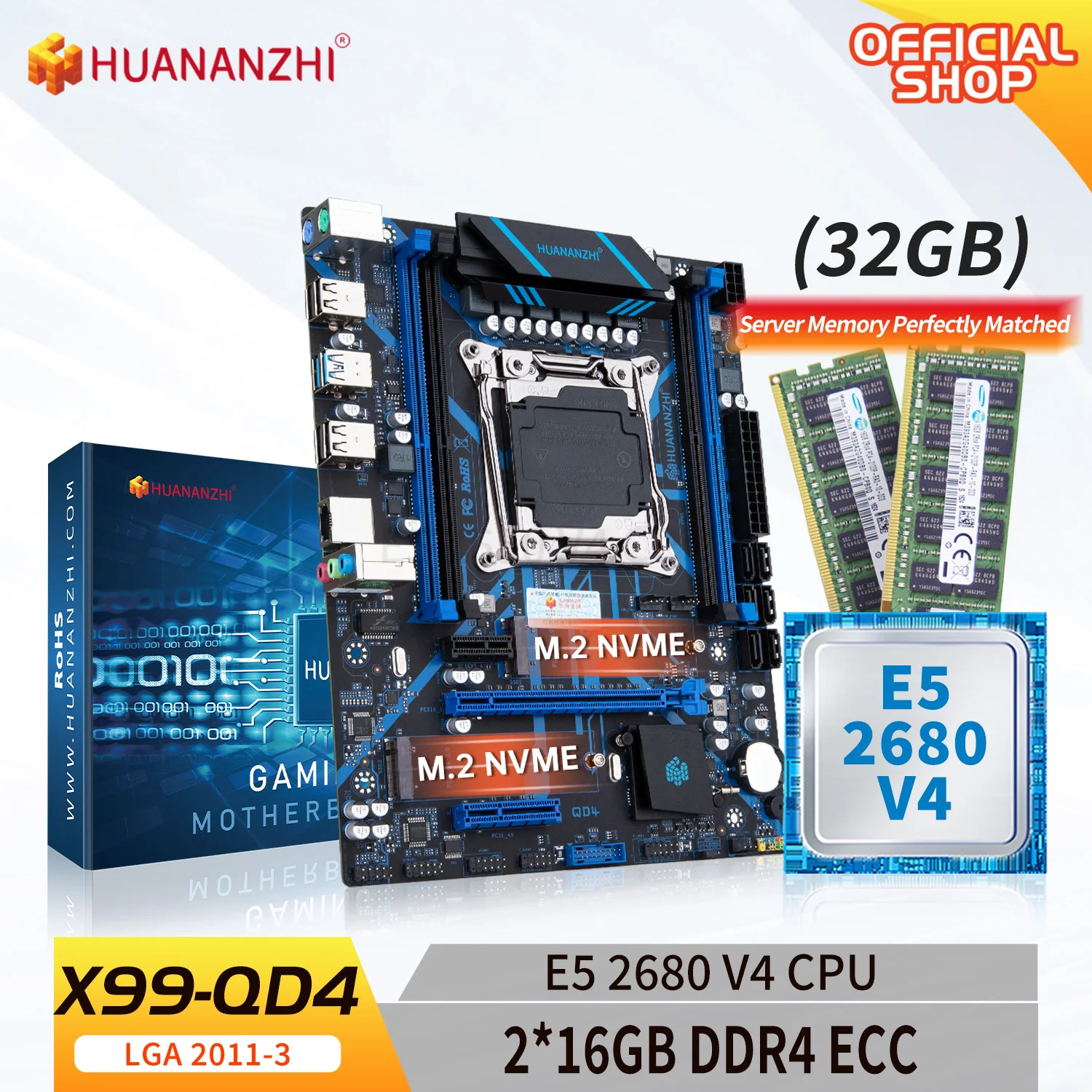 Huananzhi X99 Qd4 Lga 2011-3 Xeon X99 Scheda Madre Con Intel E5 2680 V4 Con 2*16G Ddr4 Ecc Memory Combo Kit Set Nvme