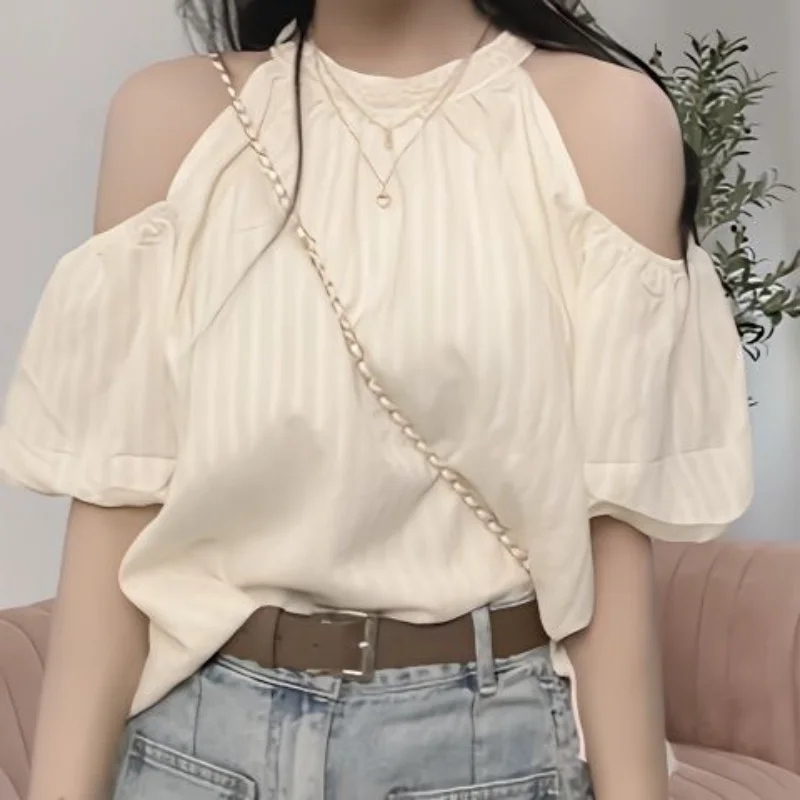 Summer New Off Shoulder Loose Youth Shirt Tops Short Sleeve Solid Color Loose Simplicity Blouse Sweet Fashion Women Clothing