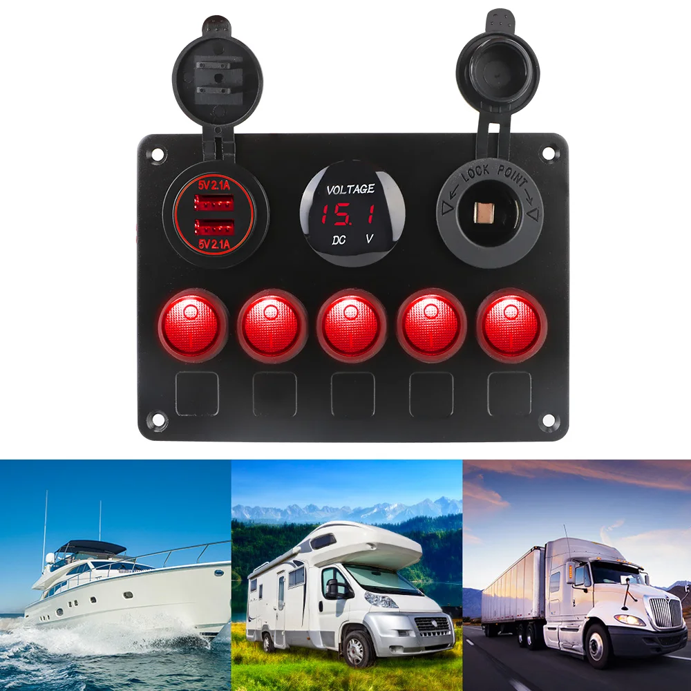 

Панель переключателя автомобиля с двумя USB-портами, водонепроницаемая, 5 клавиш, тумблер, цифровой вольтметр для морских автомобилей, грузовиков, кораблей