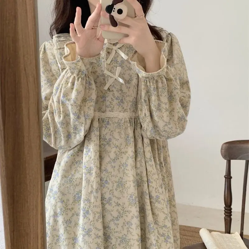 Women Nightgowns Women Nightdresses Women Pajamas Sleeping Dress Floral Print Nightgown Sleepwear Womens Korean Style Ruffles Night Dress One Piece Pajamas Autumn Long Sleeve Bow Home Wear