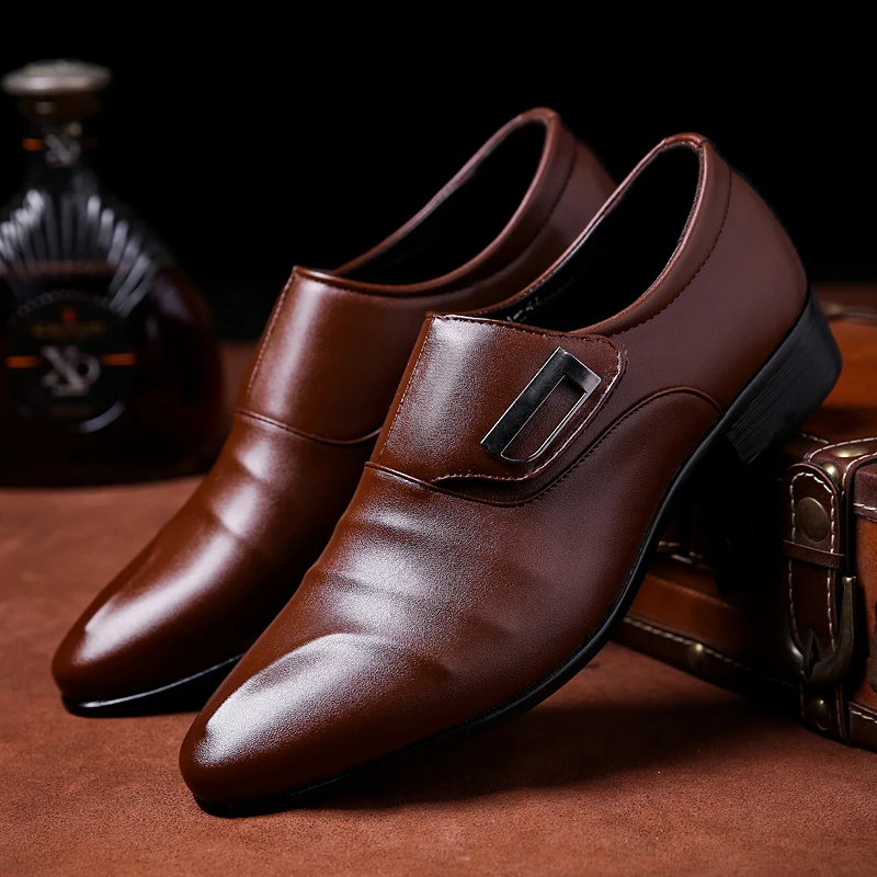 

Black Brown Loafers Shoe Men PU Slip-on Pointy Low Top Classic Comfortable Fashion Business Formal Shoes Large Size 38-48