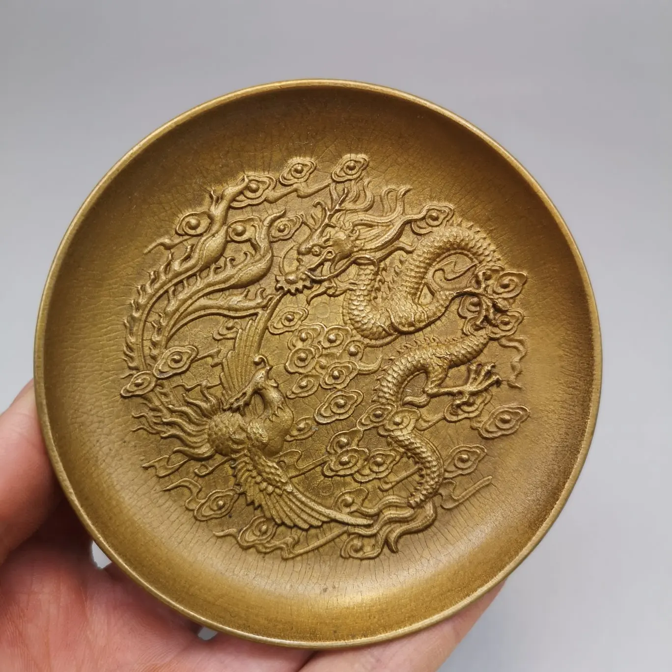 

Free Delivery China Elaboration Brass Carving Propitious “ Dragon And Phoenix” Disc Metal Crafts Home Decoration#2