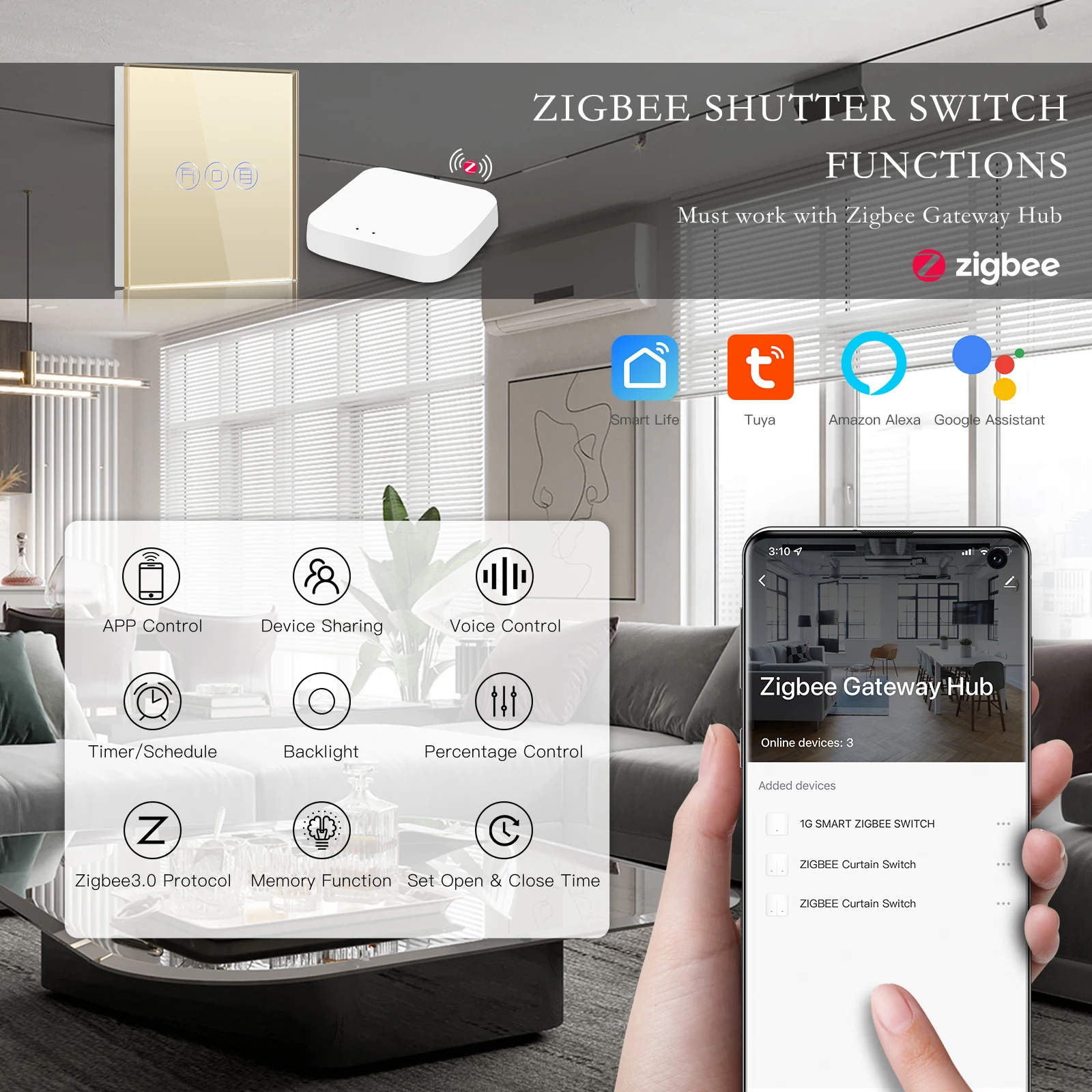 Bseed Zigbee Rolo Interruptor do Obturador Cortinas Inteligente Painel de Vidro Tuya Vida Inteligente Google Alexa Controle Voz Azul Backlight 5a - Image 4