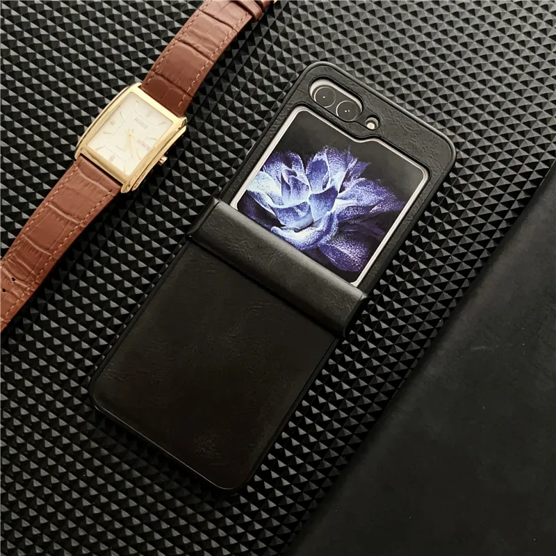 Leather Phone Case For Samsung Galaxy Z Flip 3 4 5 5G Solid Color Stand Hinge Protective Flip5 Shell Cover