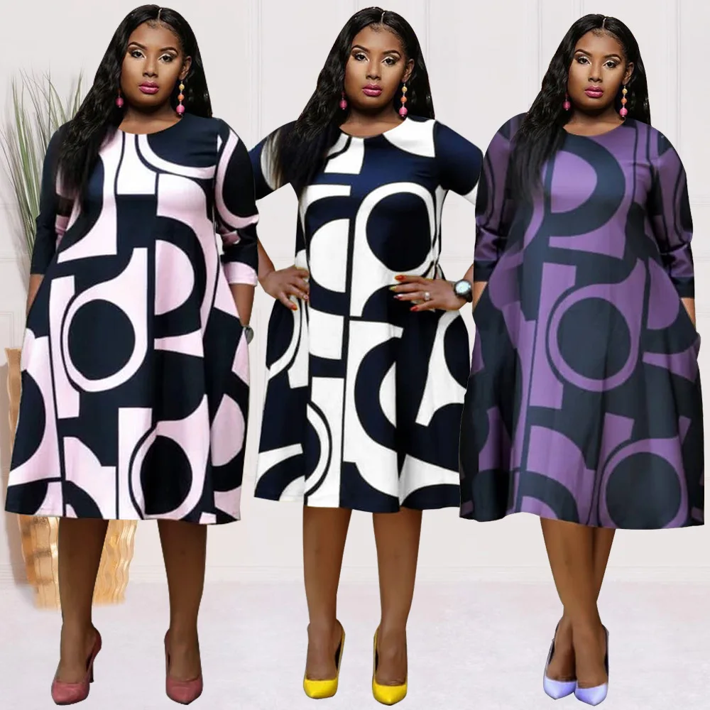 

2022 L-4XL African Dresses for Women Autumn African Women Three Quarter Sleeve O-neck Regular Knee-length Dress African Clothes