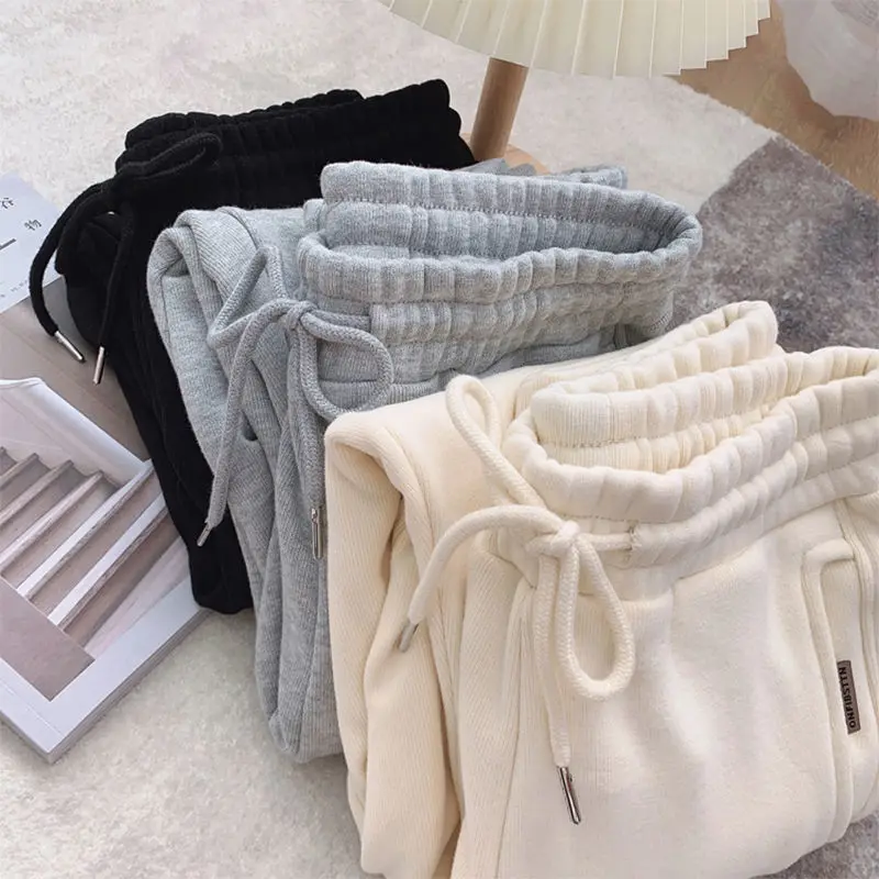 2023 Autumn Winter New Solid Color Fashion Elastic Waist Sweatpants Women High Street Drawstring Pockets Thicken Warm Haren Pant