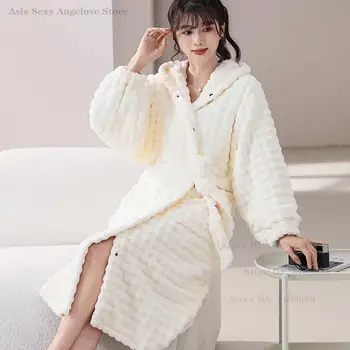 Flannel Sexy Nightgown Women's Winter Hooded Coral Fleece Thickened Velvet Robe Sweet Cute Homewear Female Bathrobe Nightwear