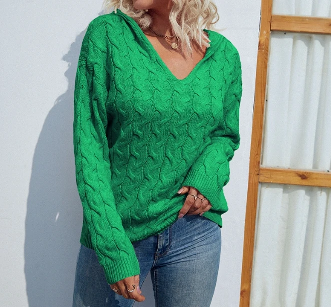 

Women's Tops 2023 Simple Solid Color V-Neck Hooded Sweater Retro Twist Sweater Long-Sleeved Loose Fitting Hoodie Pullover Top