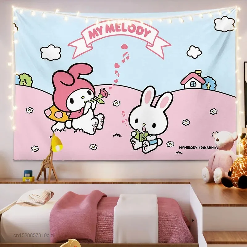Kawaii Sanrio Hello Kitty Tapestry My Melody Cinnamoroll Kuromi Cartoon Cute Textile Wall Covering Cute Girl Living Room Decor tapestry decorations