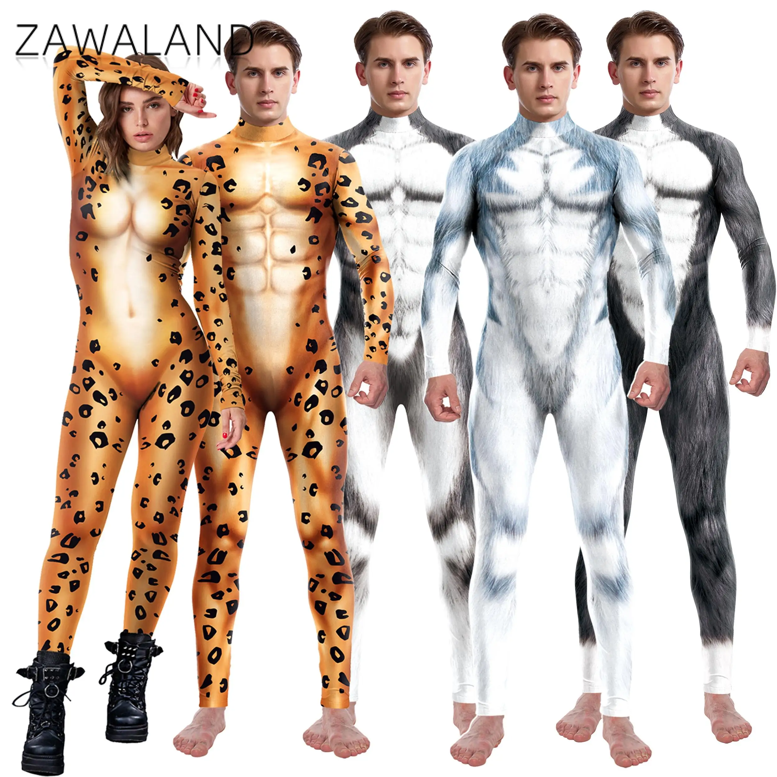 Zawaland Husky Wolf Leopard Jumpsuit Animal Cosplay Costume Men Zentai Suit Funny Disguise Wear Halloween Holiday Party Clothes cosplay costume