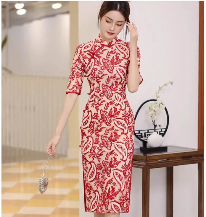 

Летнее красное китайское свадебное платье Qipao