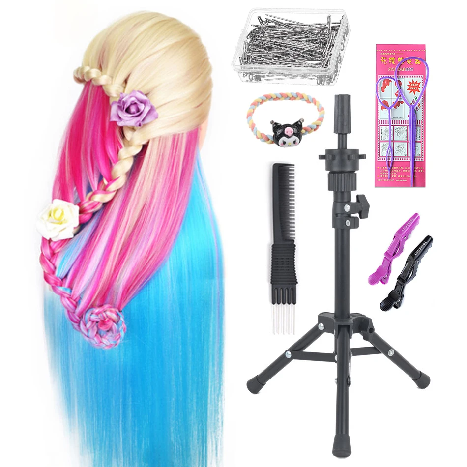 long Synthetic hair Mannequin Head With Adjustable Wig Tripod Stand Holder Model With Manikin Head Styling Hairdresser Training