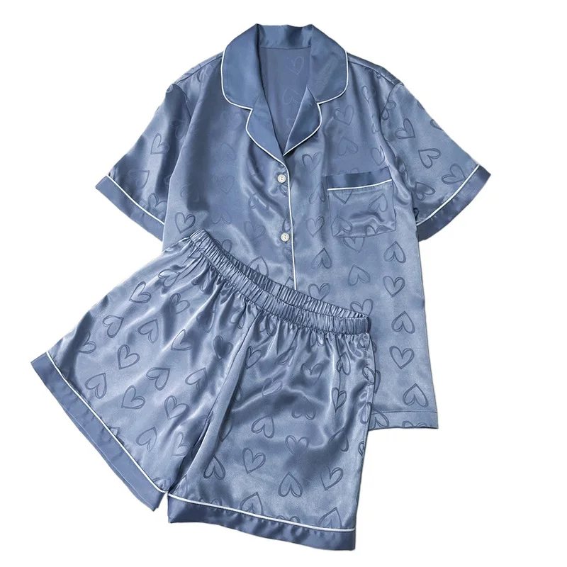 Ling 2Pcs Summer Ice Silk Pajamas Women's Short Sleeves Fresh Heart Printing Thin Casual Home Clothes Suit Blue Color