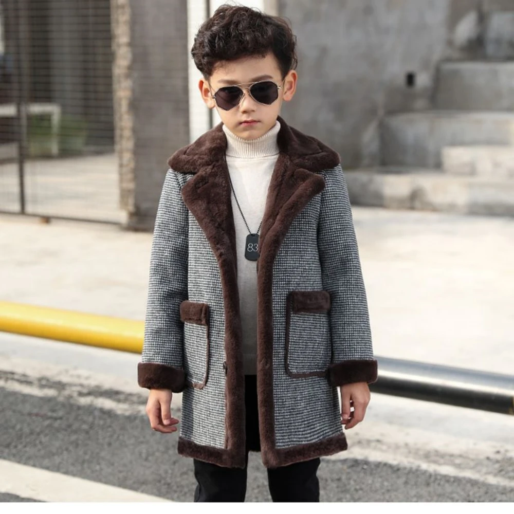 New Autumn Winter Boys Fashion Woolen Plus Velvet Thickened Children's Coats Kids Handsome Jackets Warm Casual Outerwear