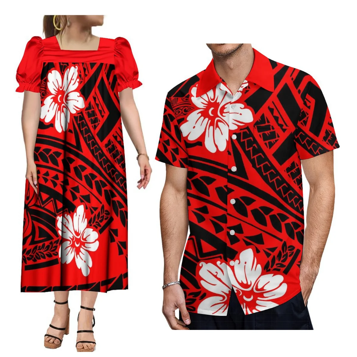 

Custom Couple Suit Women'S Square Neck Dress Mumu Ethnic Dress With Hawaiian Polynesian Tribe Men'S Button-Up Shirt
