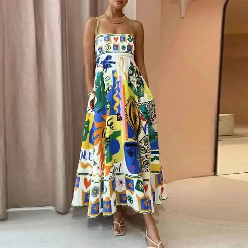 

2024 Summer European and American New Sleeveless Collarless High Waist Print Painted Women's Large Swing Sling Dress