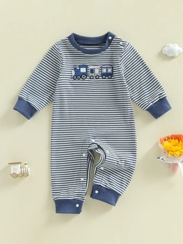 Toddler Boys Fall Striped Playsuit with Long Sleeves and Train Embroidery Comfortable Crewneck Loose Fit Romper 1