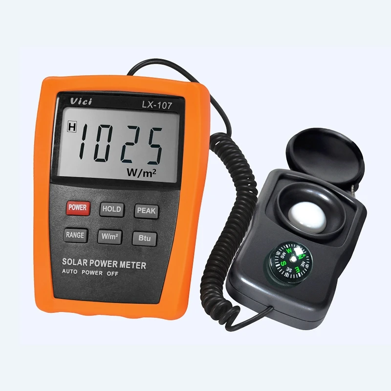 Vici Solar Power Meter Lcd Btu Light Radiation Tester Bussola Ottica Solar Research Glass Light Intensity Data Peak Hold Lx107