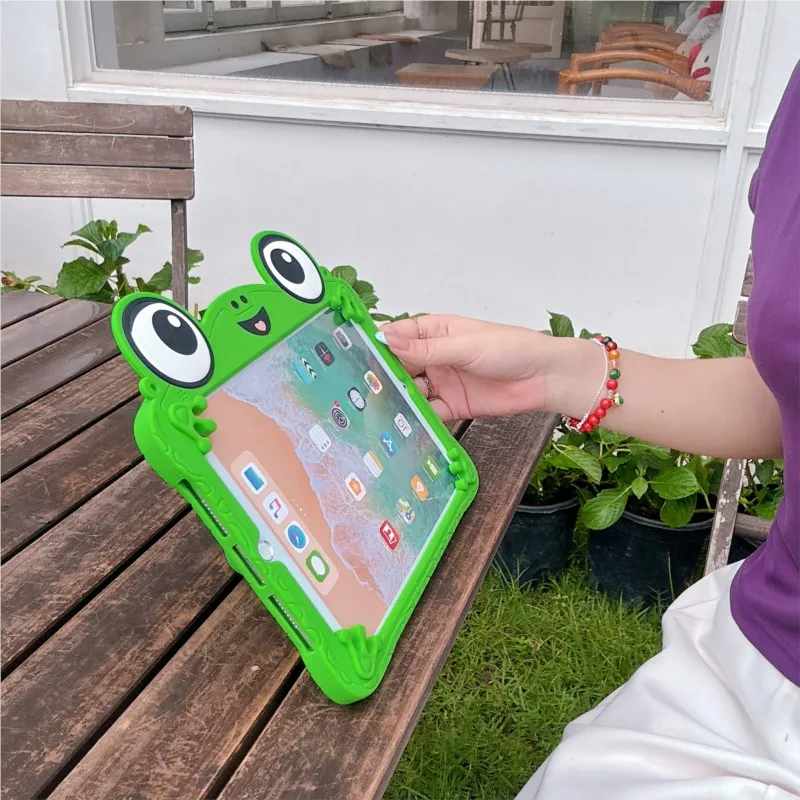 3D Cute Frog Soft Silicone Shockproof Kids Tablet Case with Strap Cover