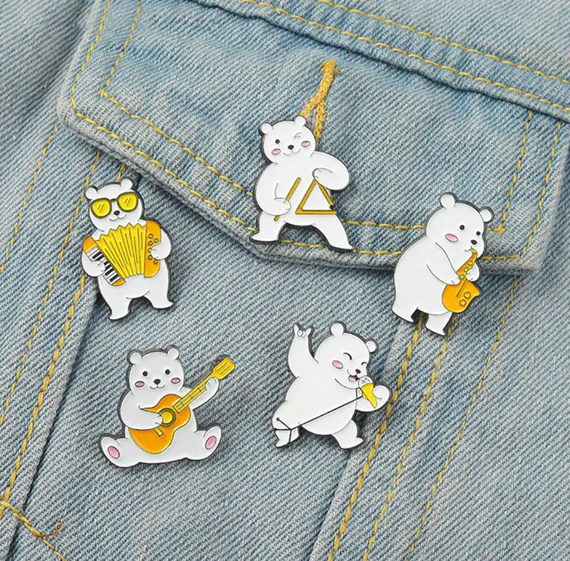 

Music Playing Bears Enamel Pins Custom White Bear Guitar Saxophone Lover Brooch Lapel Badge Bag Cartoon Jewelry Gift for Friend