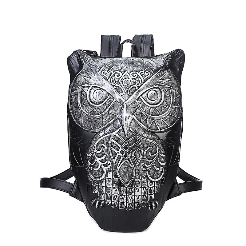 2022 Women Man hop trend Backpack Cool Black PU Leather 3D Graphic Embossed Owl Backpack Female Hot Sale Women Bag 3