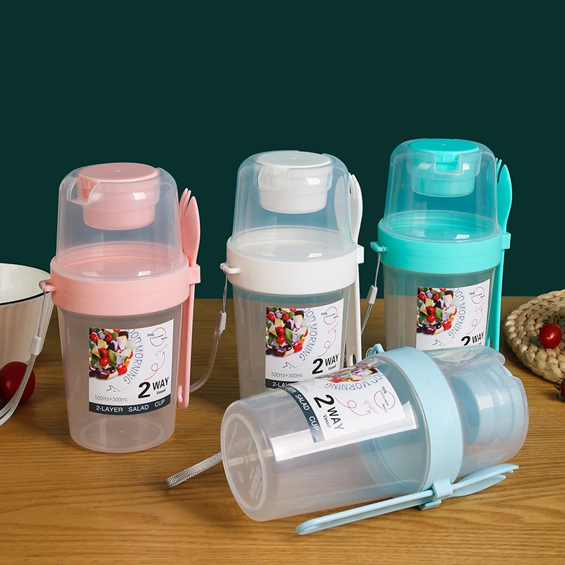 Salad Cup Portable Double-layer Oatmeal Yogurt Nut Fat-reduced Vegetable Fruit Box With Lid Spoon Breakfast Lunch Box