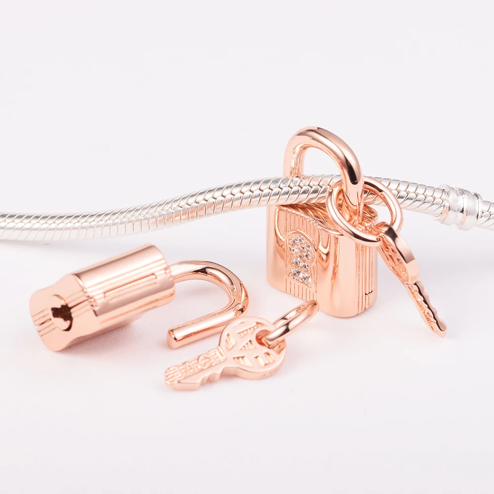Christmas Charms Padlock and Key Dangle Charm plata de ley 925 original Crystal Beads Fits Original Bracelets DIY Jewelry Making