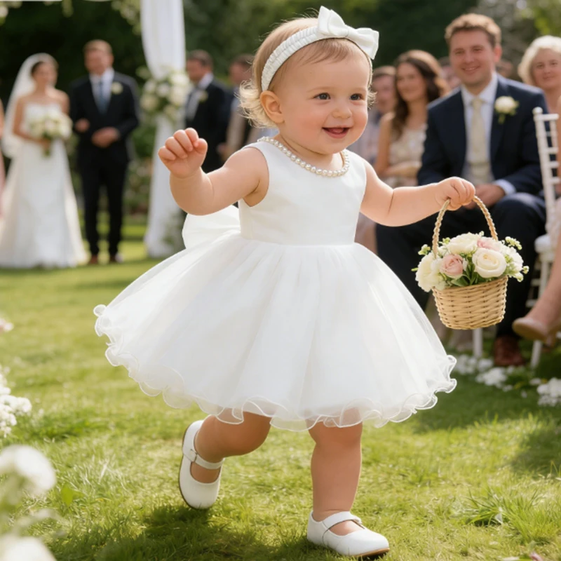 Elegant White Baby Dress with Big Bow – Perfect for Weddings, Baptisms, and First Birthdays