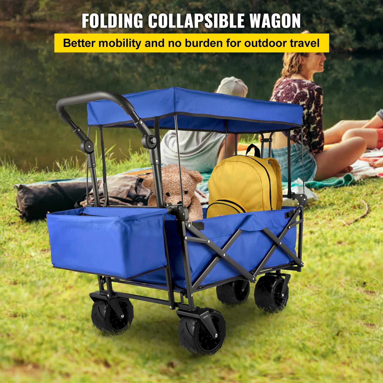 Folding Wagon Cart VEVOR Folding Wagon Cart Adjustable Handle Bar Removable Canopy Oxford Cloth Collapsible Shopping Outdoor Camping Beach Cart