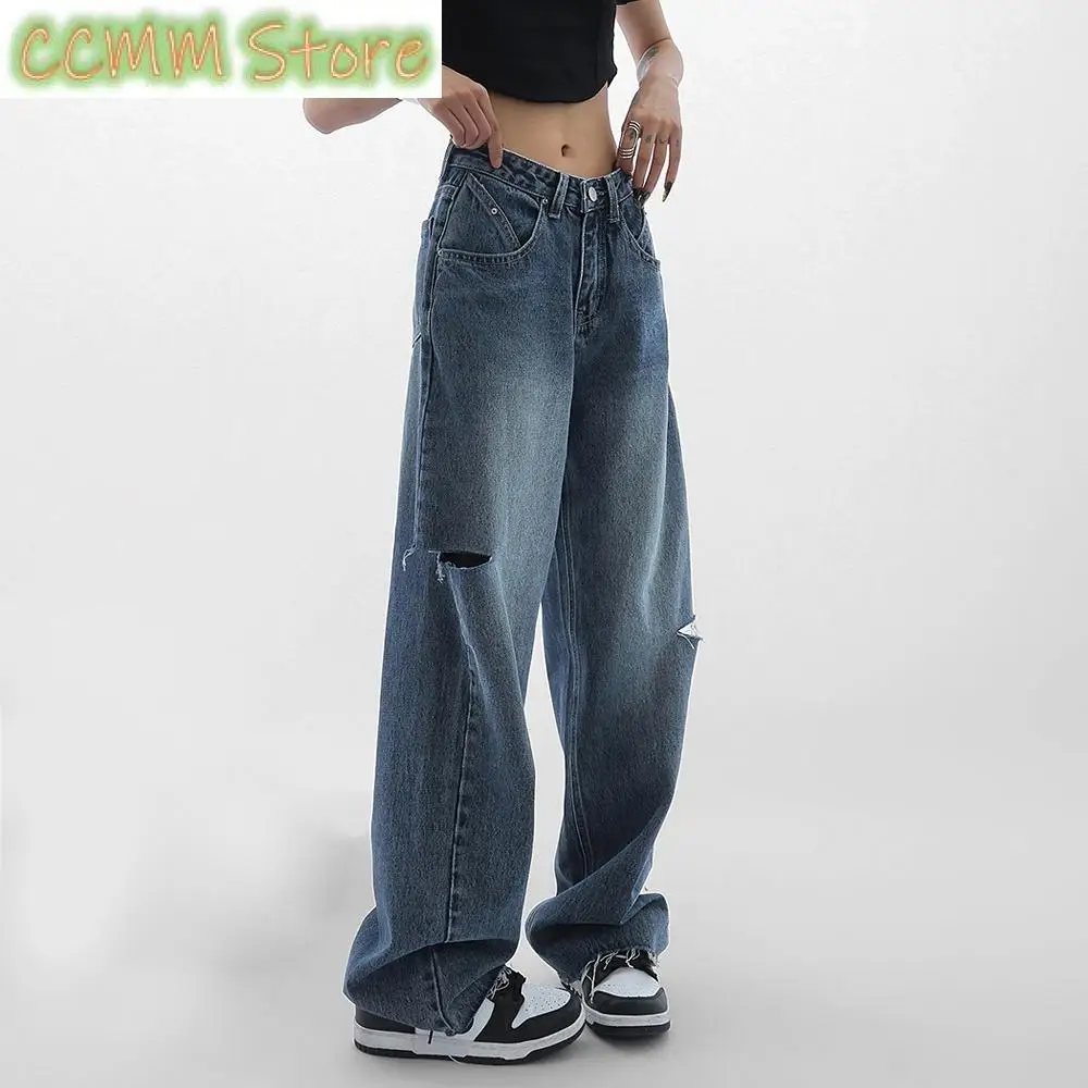 2024 Women Jeans High Waist Ripped Denim Trousers Blue High Street Straight Casual Baggy Pants Wide Leg Jeans Female Oversize
