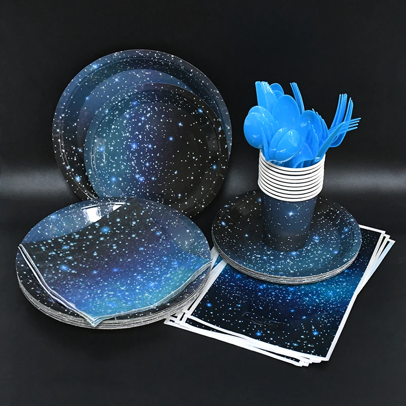 Einweggeschirr mit Sternenhimmel-Thema, Star Galaxy-Tischdecke, Pappteller, Tassen, Geschenktüten für Space Planet, Geburtstagsparty-Zubehör – Detail 9