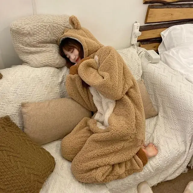 Cute Cartoon Coral Fleece Onesies Sleepwear Jumpsuit Pajama Winter Jumpsuit Pajama Hooded Nightwear Pijamas Suit Loose Home Wear