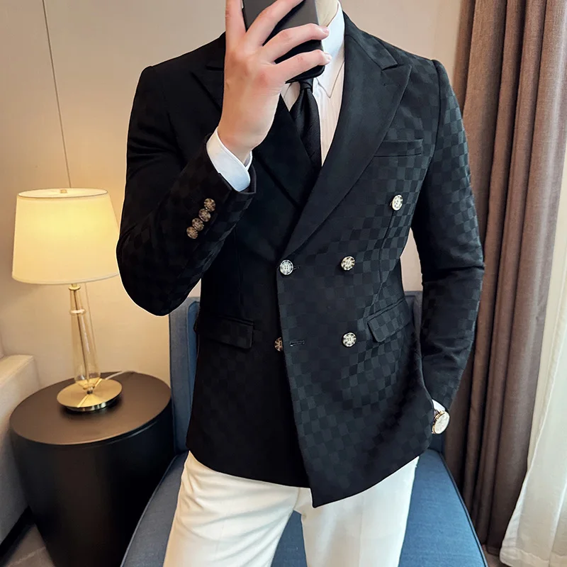 Men Blazers Coats Double Breasted Checkered Slim Fit Business Suit Jacket 5XL-M 6 Color men suits jackets
