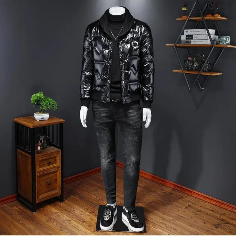 Jacket Large Size Slim-fit Fashion Coat Tide Men's High Quality Winter White Duck Down Personality Bright Knit Lapel Down