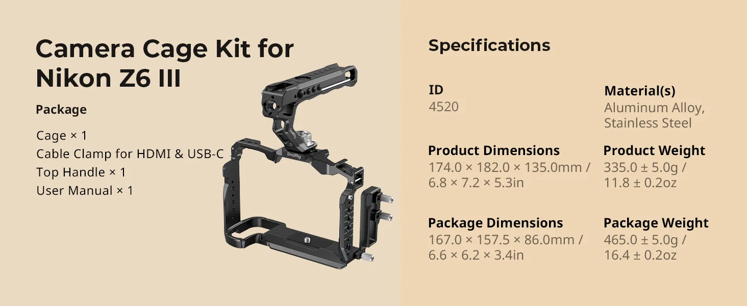 Z6 III Camera Cage Kit for Nikon Z6 III, with Top Handle and Cable Clamp, Full C