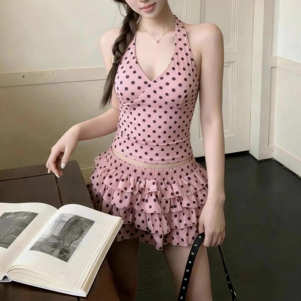 Y2k Harajuku Bikini Sweet Dot 2 Piece Elegant Slim Swimsuit 2000s Swimwear Vintage Beachwear Beach Party Style Swimsuit Women 2