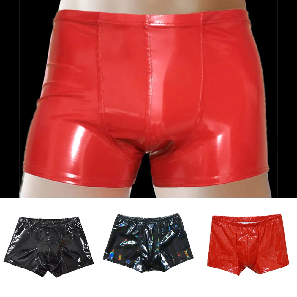 

2022 Men Faux Leather Shorts U Convex Pouch Boxer Brief Men's Shorts Sexy Lingerie Wetlook Latex Underpants Trunks Underwear