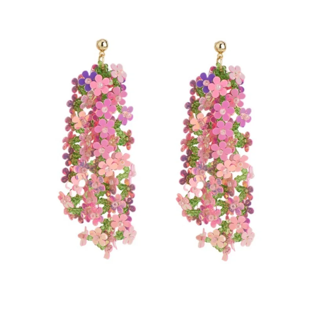 Sweet Flower Dangle Earrings Exaggerated Crystal Beach Earrings Elegant Beaded Tassel Petals Stud Earrings Ladies/Girls