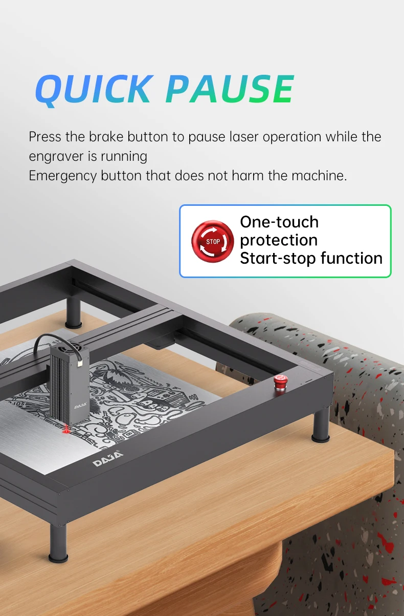 A high-performance laser engraver on a wooden table with a 'QUICK PAUSE' feature. A red 'STOP' button highlights the one-touch protection and start-stop function for safe operation, ensuring precision in every project.