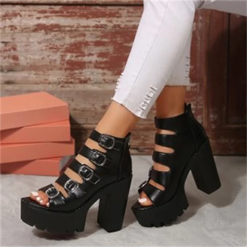 

Gladiator Style High Heels Sandals Women Summer 2024 New Metal Belt Buckle Peep Toe Sandals Woman Chunky Heeled Platform Shoes