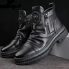 Men's Motorcycle Leather Boots British Style Round Head High Top Shoes Side Zip Walking Casual Platform Boots Bota Masculina
