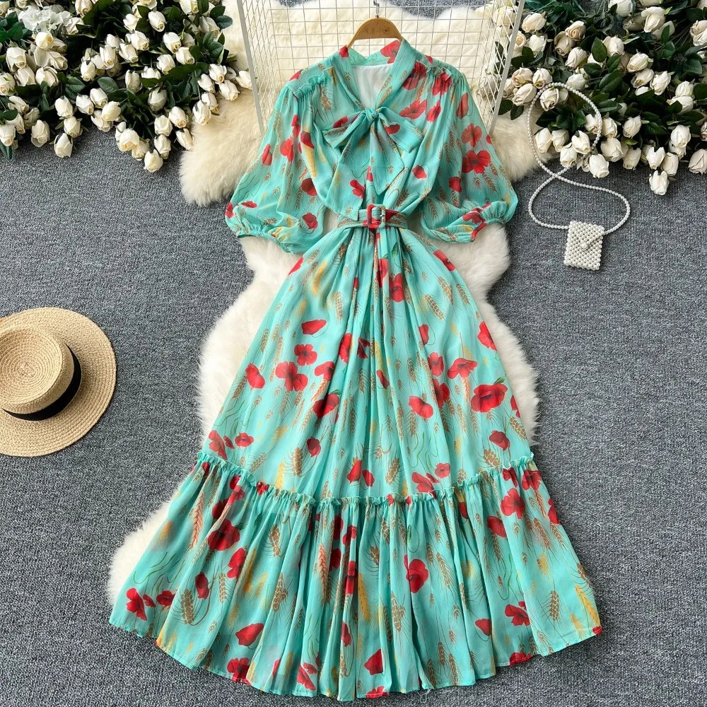 knee length dresses for ladies Gothic Victorian Lace-Up Dress with Puff Sleeves