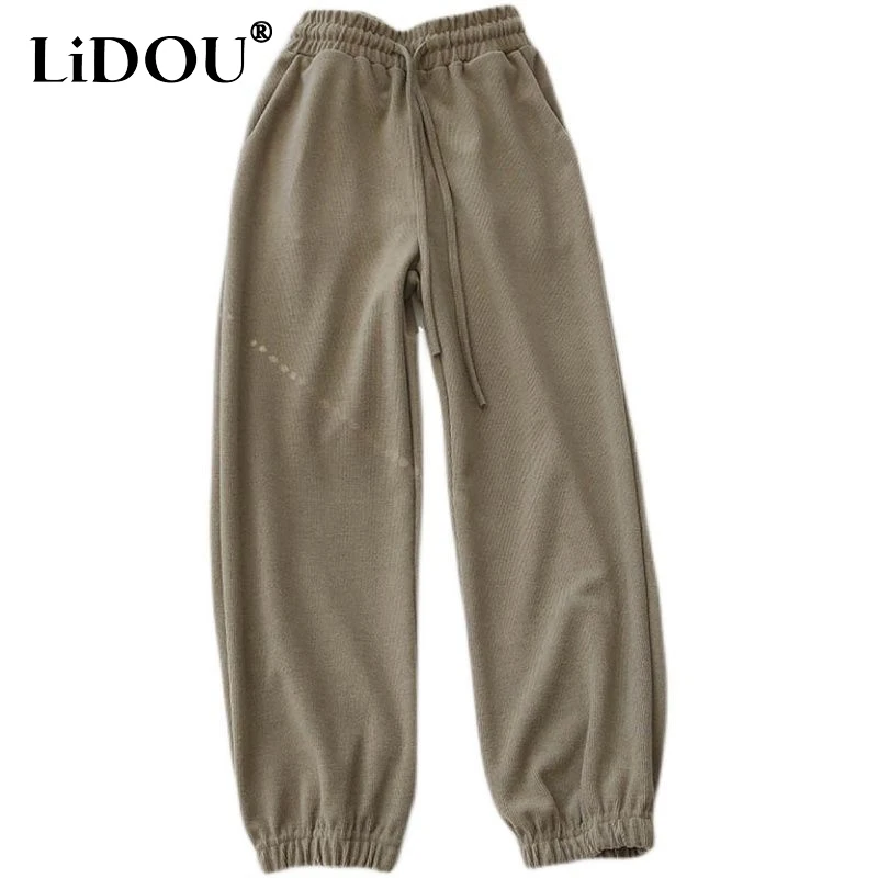 2023 Spring Autumn New Solid Color Fashion Elastic Waist Haren Pants Women High Street Casual Loose Pocket Ankle Length Trousers street casual ninth straight leg jeans women classic simple high waist ankle length drainpipe demin pant capris retro trousers