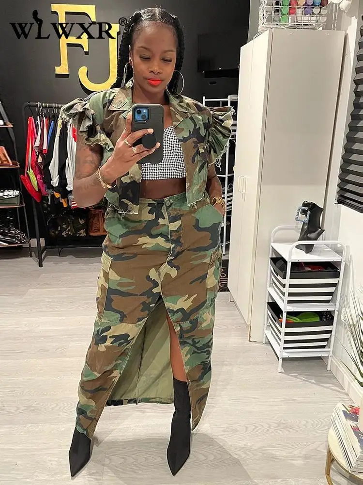 

WLWXR Spring Street Camo Print Cargo Long Skirt Summer Outfit For Women 2023 Casual Slit Side Pockets Bodycon Maxi Skirts Female