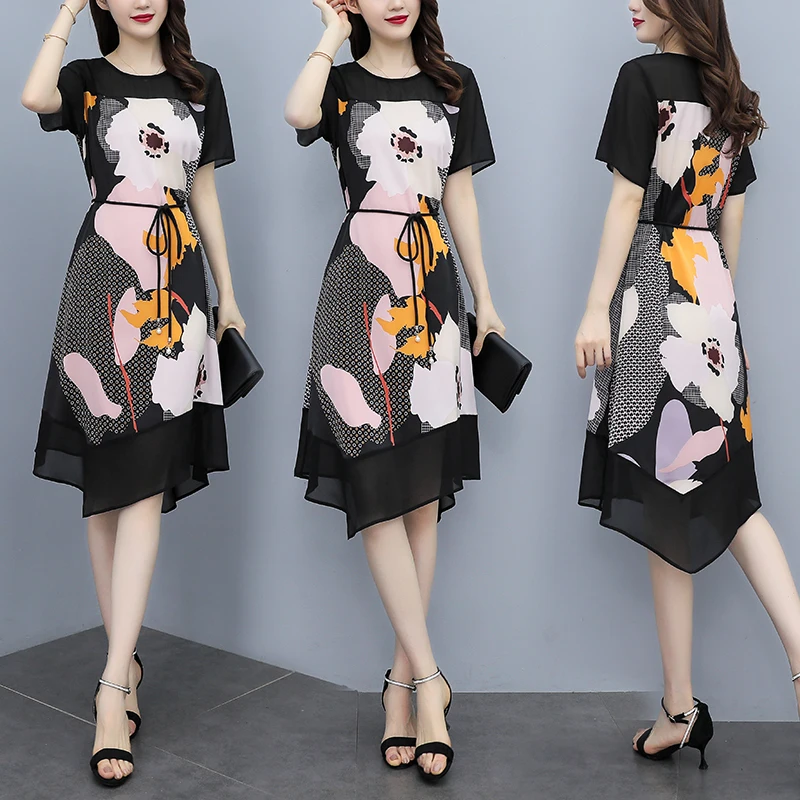 

2022 Short Sleeve Black Dress Summer Beach Casual Elegant Breathable Long Dresses Women O Neck Fashion Print Women's Dress