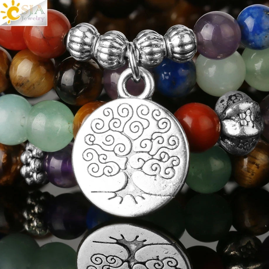 CSJA 7 Chakras Tiger Eye Bracelets 108 Mala Yoga 6mm Beads Tibetan Buddhist Femme Pulseras Mujer Bracelet Pierre Naturelle S558