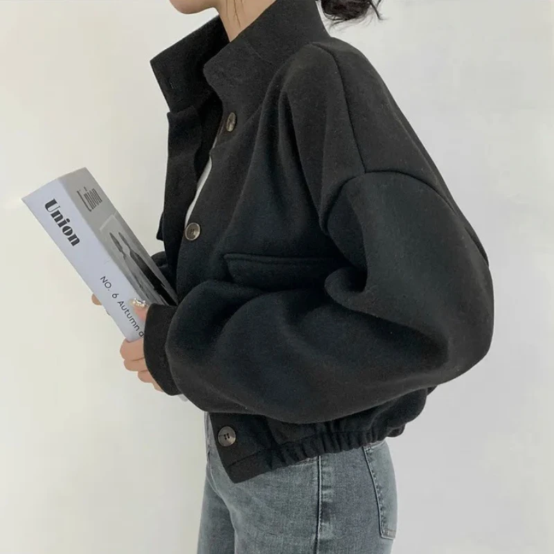 Crop Blends Women Wool Coat Casual Loose Gentle Pockets Simple Autumn Winter Streetwear Office Lady Fashion Cozy Пальто Женское - 4