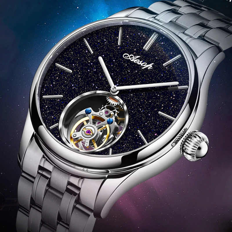 

AESOP Waterproof Tourbillon 100% Real Diamond Flying Tourbillon Skeleton Mechanical Luxury Watches WristWatch For Men Sapphire