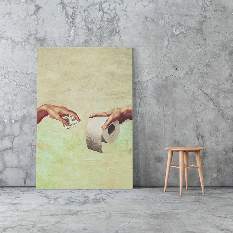 Toilet Paper Hand Sanitizer Funny Hand of God and Adam Mural Poster Prints Canvas Painting Wall Art Decor Wash Room Home Decor